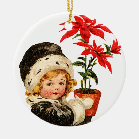 Oude kerst, meisje met Poinsettia Keramisch Ornament (Voorkant)