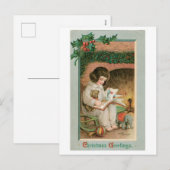 Oude kerst, meisje met teddybeer feestdagenkaart (Voorkant / Achterkant)