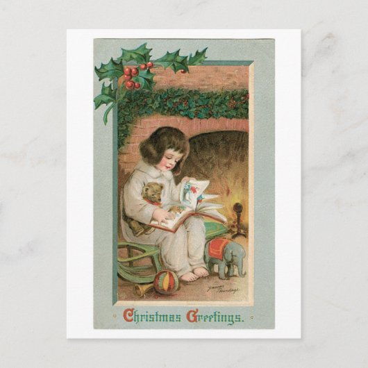 Oude kerst, meisje met teddybeer feestdagenkaart (Voorkant)