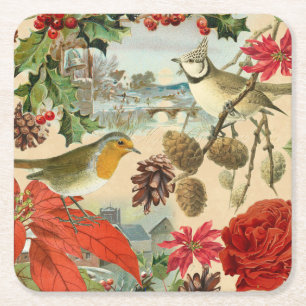 Oude kerst onderzetter met vogels en bloemen