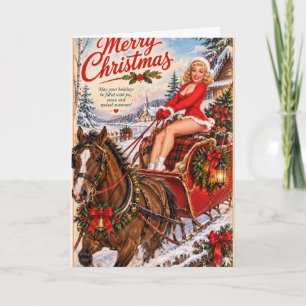 Oude Kerst Pin-Up in Paard-en-Wagen Kaart