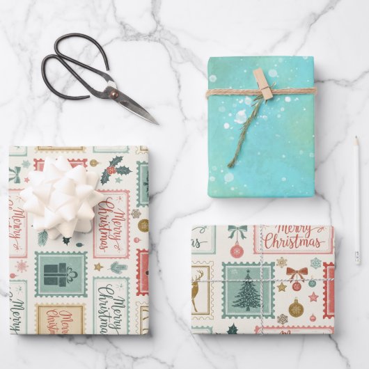 Oude Kerst Postzegel Patroon Inpakpapier Vel (Voorkant)