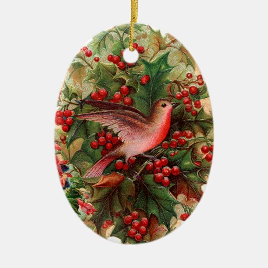 Oude kerst, Robin, Holly Keramisch Ornament (Voorkant)