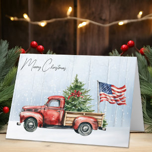 Oude Kerst Rode Truck Patriottische Vlag van de VS Feestdagen Kaart