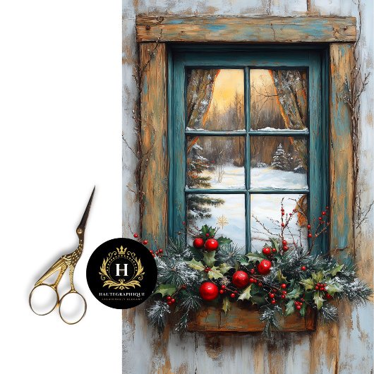 Oude Kerst Scene Landelijk Raam Decoupage Tissuepapier