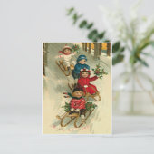 Oude kerst schattige kinderen sleeën sneeuw feestdagenkaart (Staand voorkant)