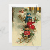 Oude kerst schattige kinderen sleeën sneeuw feestdagenkaart (Voorkant / Achterkant)