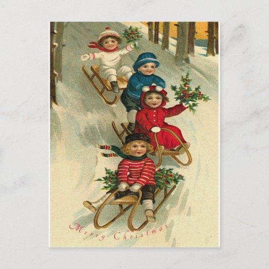 Oude kerst schattige kinderen sleeën sneeuw feestdagenkaart (Voorkant)