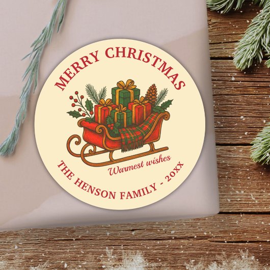 Oude Kerst Slede met Cadeaus  Ronde Sticker