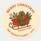 Oude Kerst Slede met Cadeaus  Ronde Sticker (Voorkant)