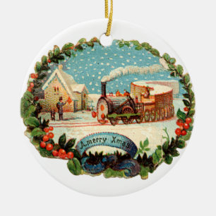Oude kerst, stoomtrein keramisch ornament
