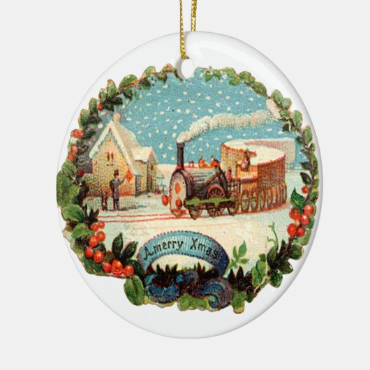 Oude kerst, stoomtrein keramisch ornament (Links)
