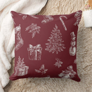 Oude Kerst Toile Dieprood Wit Vakantieseizoen Kussen