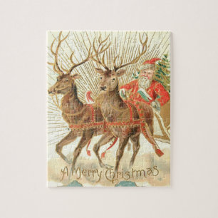 Oude kerstansichtkaart, Kerstman met rendieren Legpuzzel