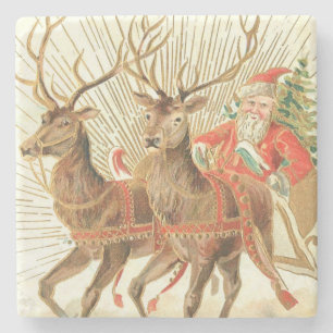 Oude Kerstansichtkaart, Kerstman met Rendieren Stenen Onderzetter