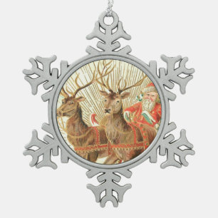 Oude kerstansichtkaart, Kerstman met rendieren Tin Sneeuwvlok Ornament
