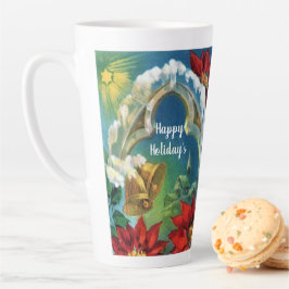 Oude kerstbellen en rode poinsettia's latte mok