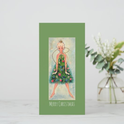 Oude kerstboom meisje kerstkaart (Staand voorkant)