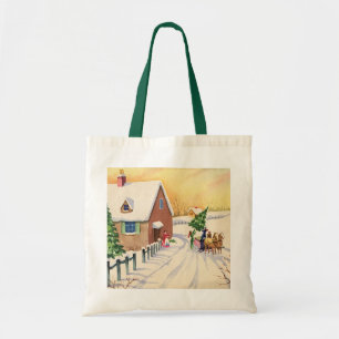 Oude kerstboom op een besneeuwde winterweg tote bag