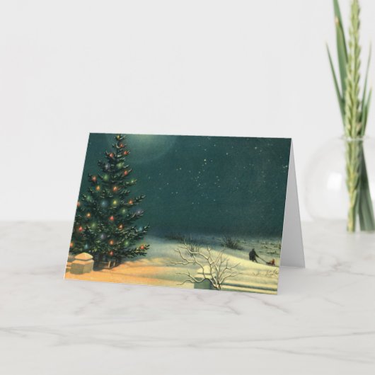 Oude kerstboom 's nachts met lichten en sneeuw feestdagen kaart (Voorkant)
