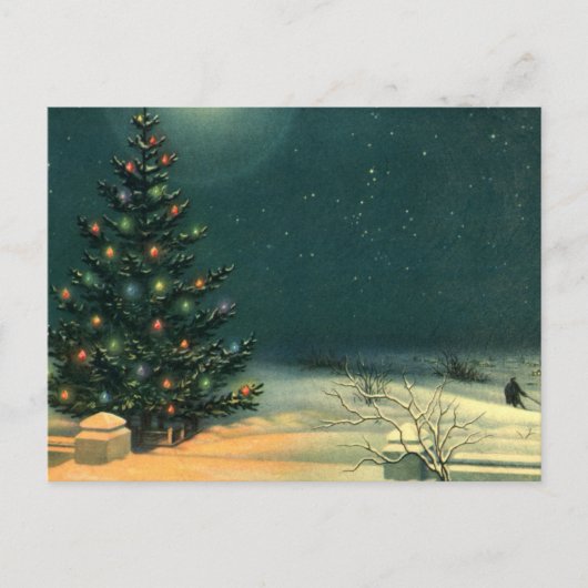 Oude kerstboom 's nachts met lichten en sneeuw feestdagenkaart (Voorkant)