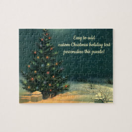 Oude kerstboom 's nachts met lichten en sneeuw legpuzzel