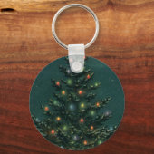 Oude kerstboom 's nachts met lichten en sneeuw sleutelhanger (Voorkant)