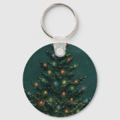 Oude kerstboom 's nachts met lichten en sneeuw sleutelhanger (Achterkant)