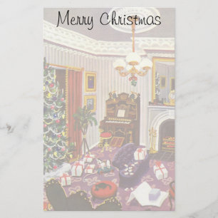 Oude kerstcadeaus verpakt in de woonkamer briefpapier