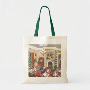 Oude kerstcadeaus verpakt in de woonkamer tote bag