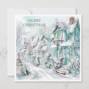 Oude Kerstcottages Sneeuw Teal Roze Wit Feestdagenkaart