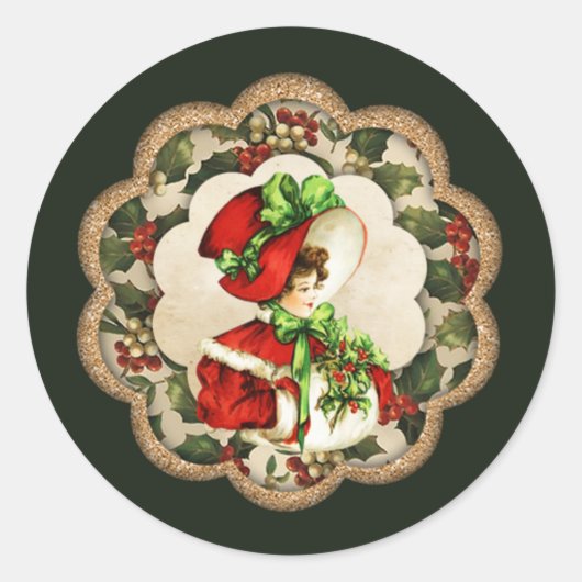 Oude kerstdame Holiday Ronde Sticker (Voorkant)