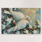 Oude kerstdoven op besneeuwde groene tak legpuzzel (Horizontaal)