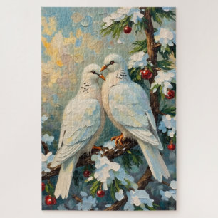 Oude kerstdoven op besneeuwde groene tak legpuzzel