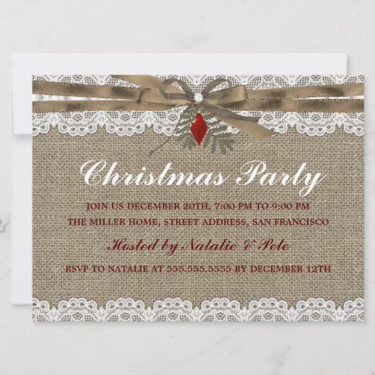 Oude Kerstfeest Uitnodiging met Jute & Kanten Rand (Voorkant)