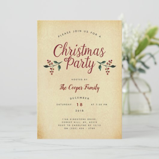 Oude Kerstfeest Uitnodiging van Holly (Staand voorkant)