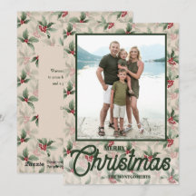 Oude kerstfoto met hulstbessen en 'Prettig Kerstfe