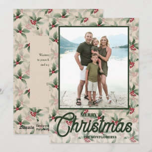 Oude kerstfoto met hulstbessen en 'Prettig Kerstfe Feestdagenkaart