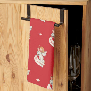 Oude kerstgroeten, engelen met sterren theedoek