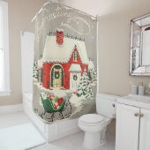 Oude kerstgroeten Mooie rode huis slee Douchegordijn (In situ)