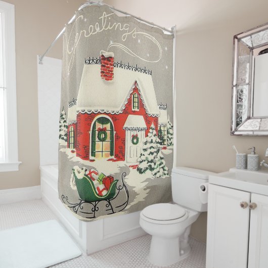 Oude kerstgroeten Mooie rode huis slee Douchegordijn (In situ)