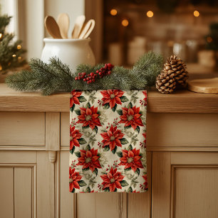 Oude kersthanddoek met rode poinsettia-design theedoek