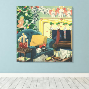 Oude kersthuisdieren in de woonkamer canvas afdruk