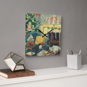 Oude kersthuisdieren in de woonkamer vierkante klok