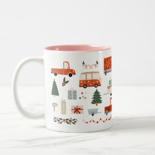 Oude kerstillustratie rode vrachtwagen mok