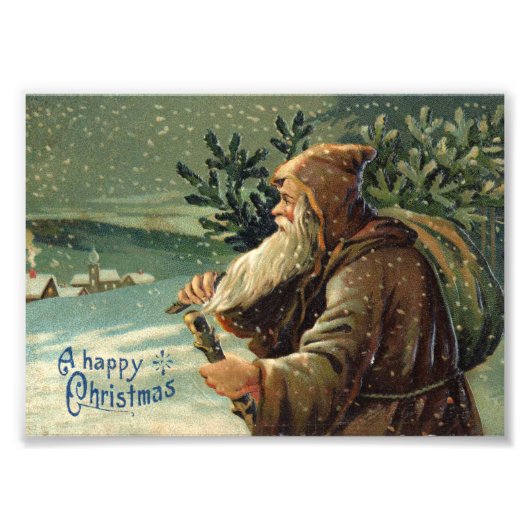 =Oude kerstkaart, Kerstman en Boom Foto Afdruk (Voorkant)