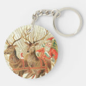 Oude Kerstkaart, Kerstman met Rendieren Sleutelhanger (Achterkant)