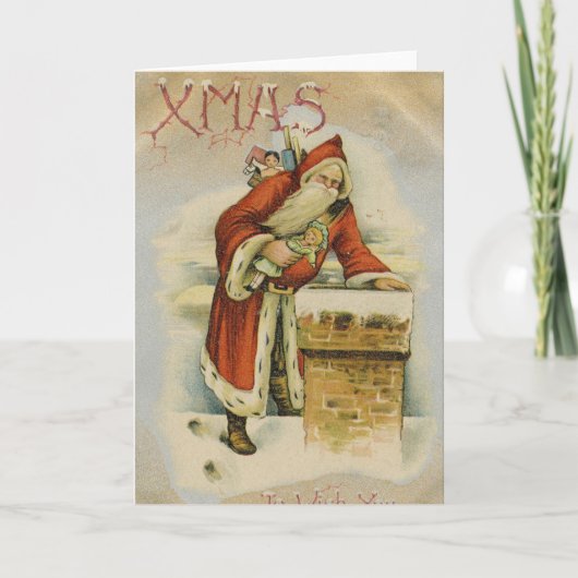 Oude kerstkaart, Kerstman, Schoorsteen Kaart (Voorkant)