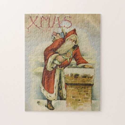 Oude kerstkaart, kerstman, schoorsteen legpuzzel (Verticaal)