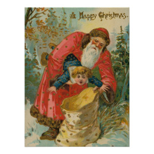 Oude kerstkaart, kerstman, stout kind perfect poster